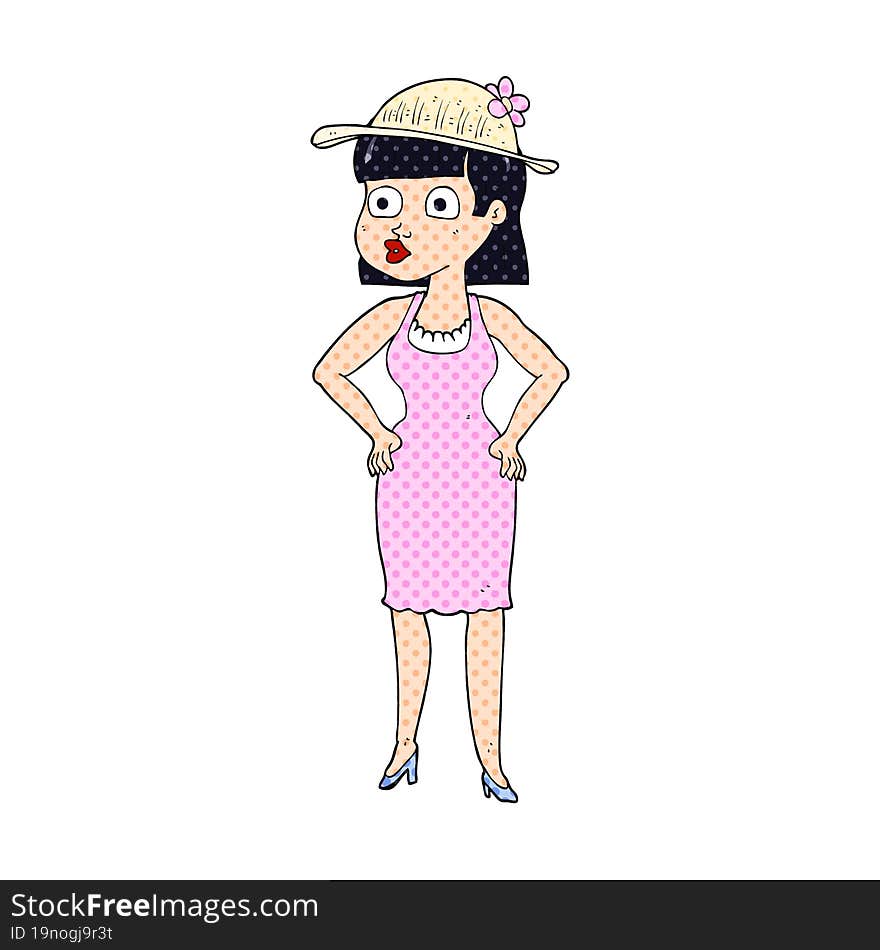 freehand drawn cartoon woman wearing sun hat