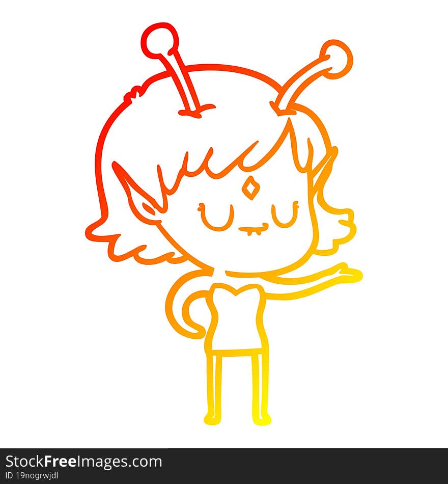 warm gradient line drawing of a cartoon alien girl