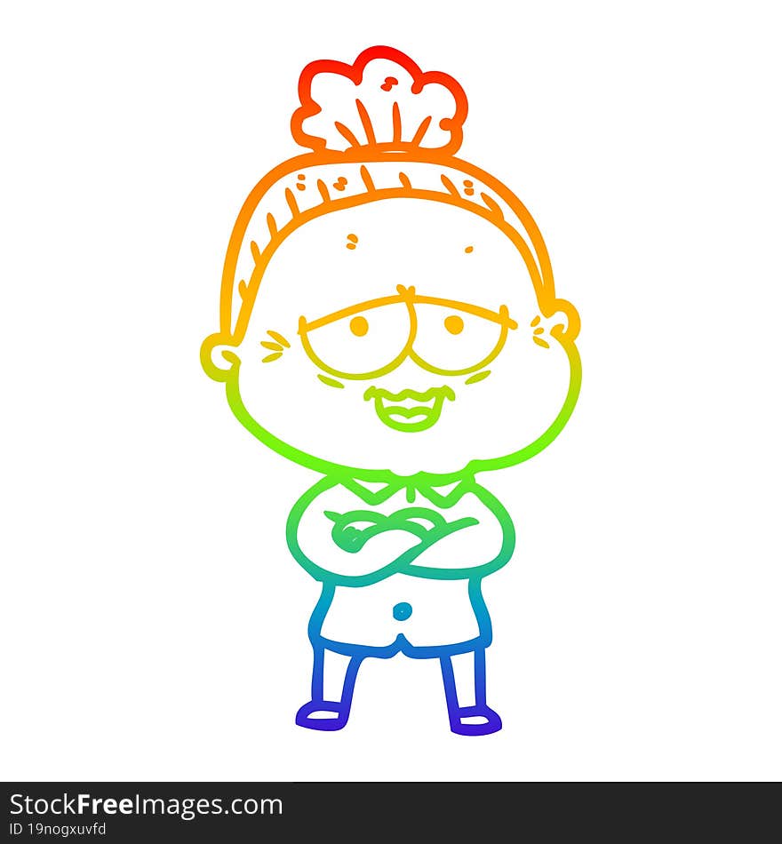 rainbow gradient line drawing of a cartoon happy old lady