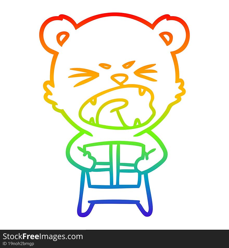 rainbow gradient line drawing of a angry cartoon bear with present