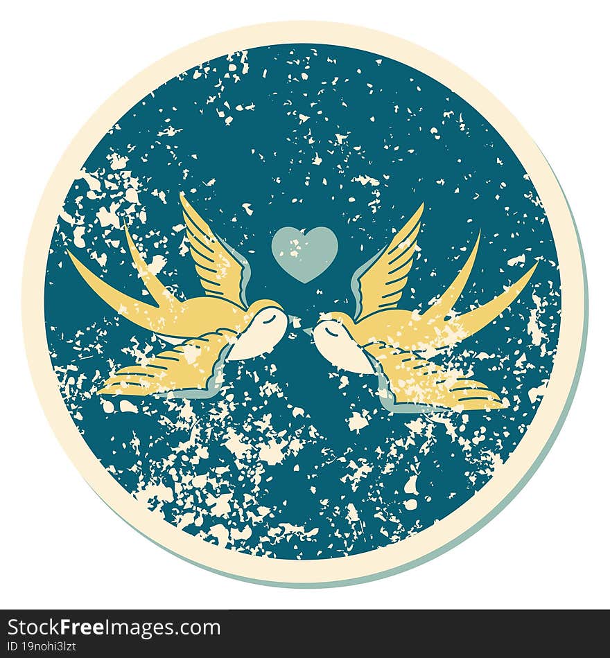 Distressed Sticker Tattoo Style Icon Of A Swallows And A Heart