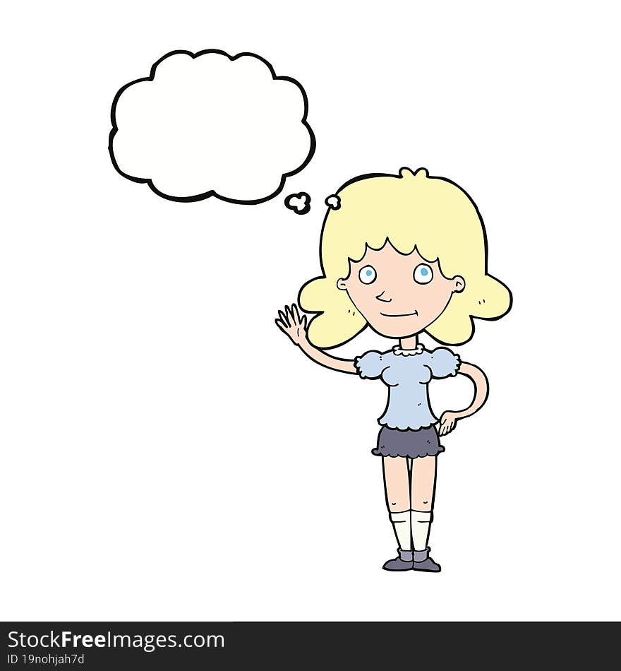 cartoon woman waving with thought bubble