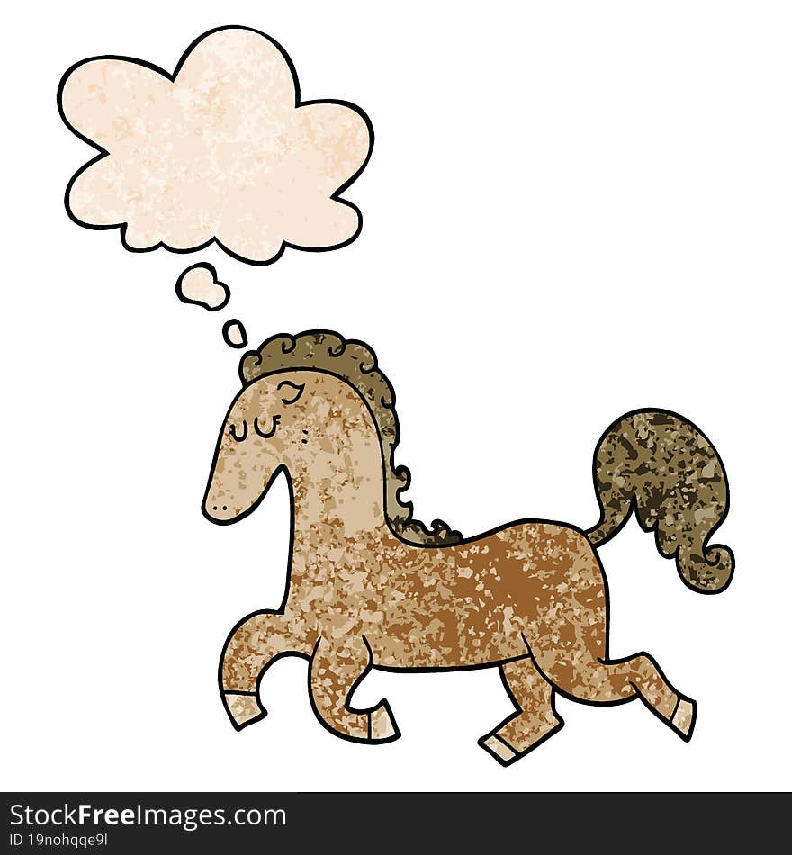 cartoon horse running and thought bubble in grunge texture pattern style