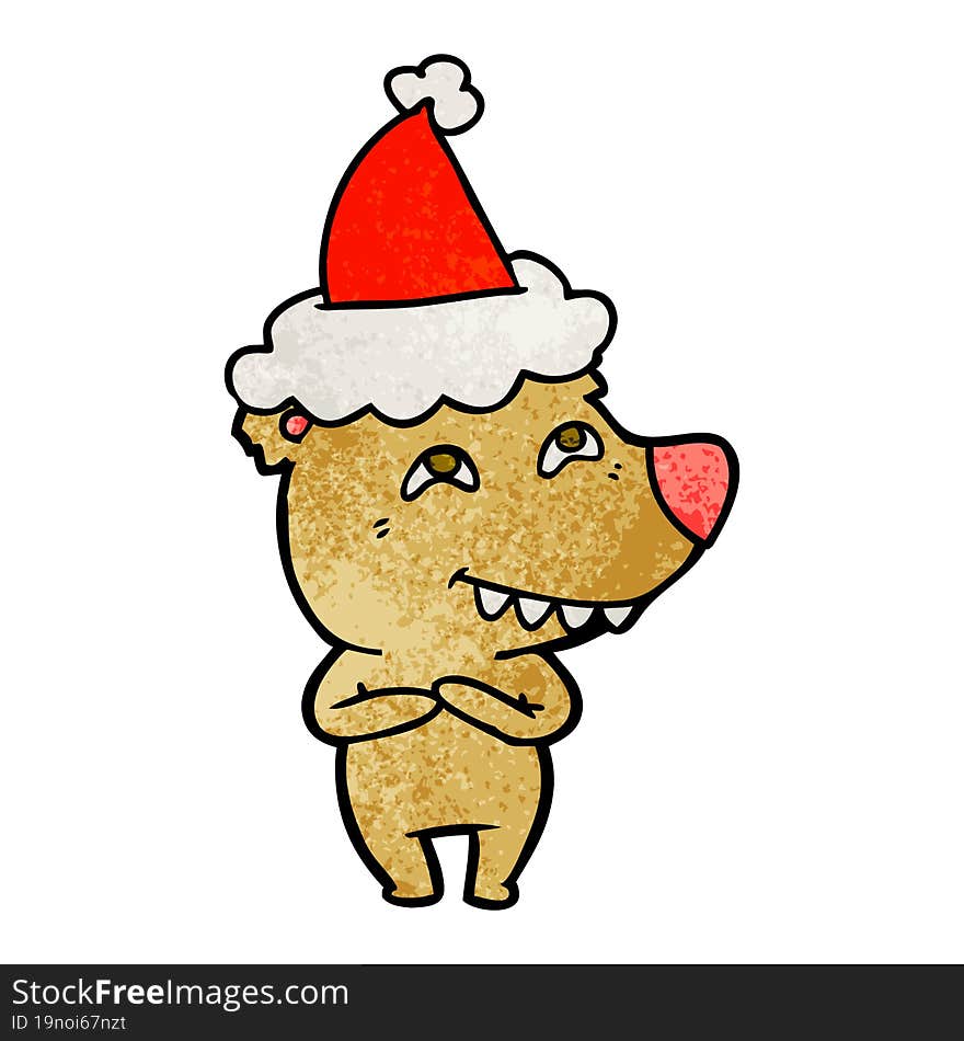 textured cartoon of a bear showing teeth wearing santa hat