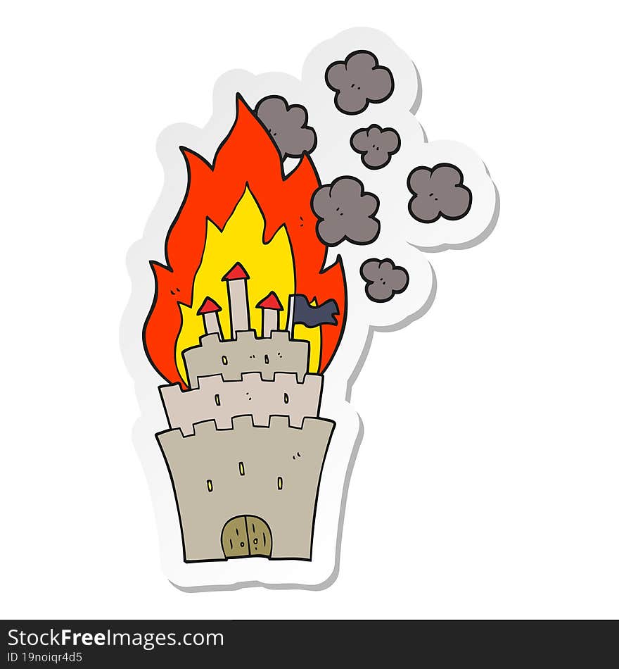 sticker of a cartoon burning castle