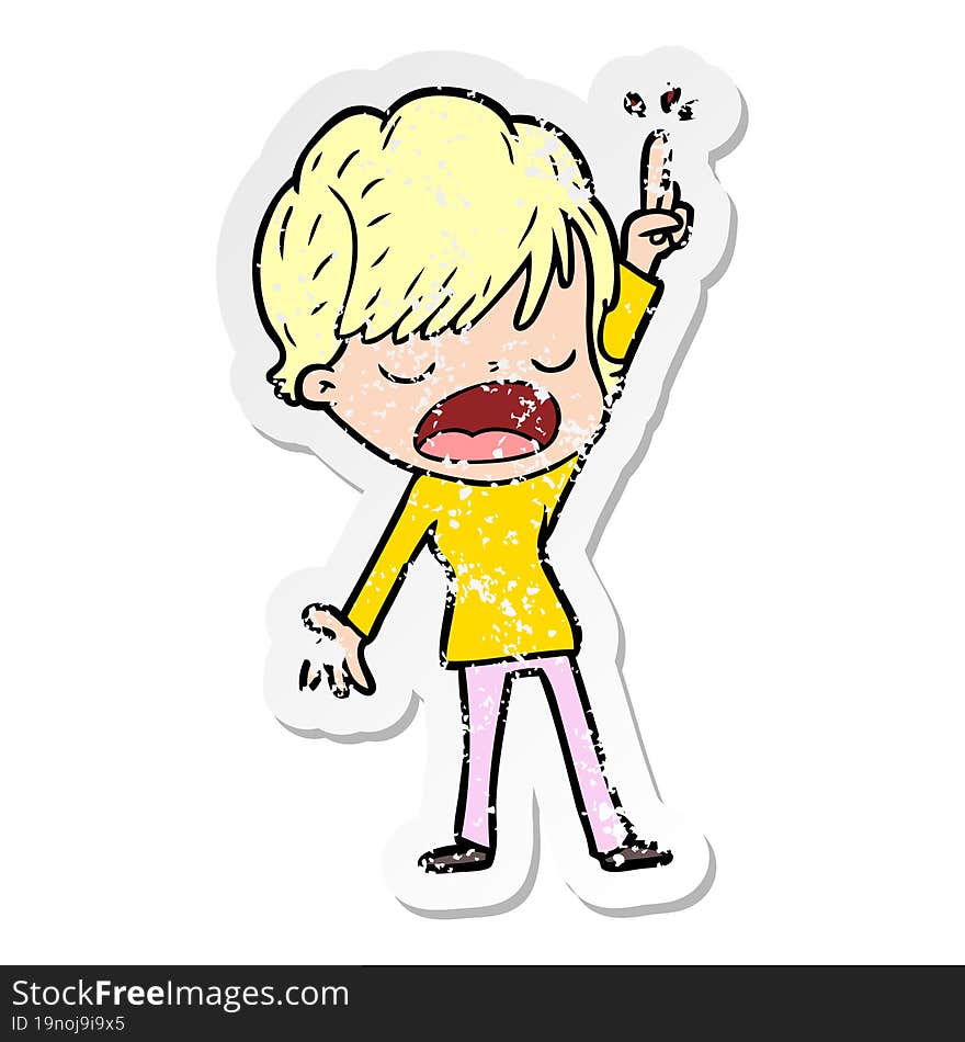 distressed sticker of a cartoon woman talking