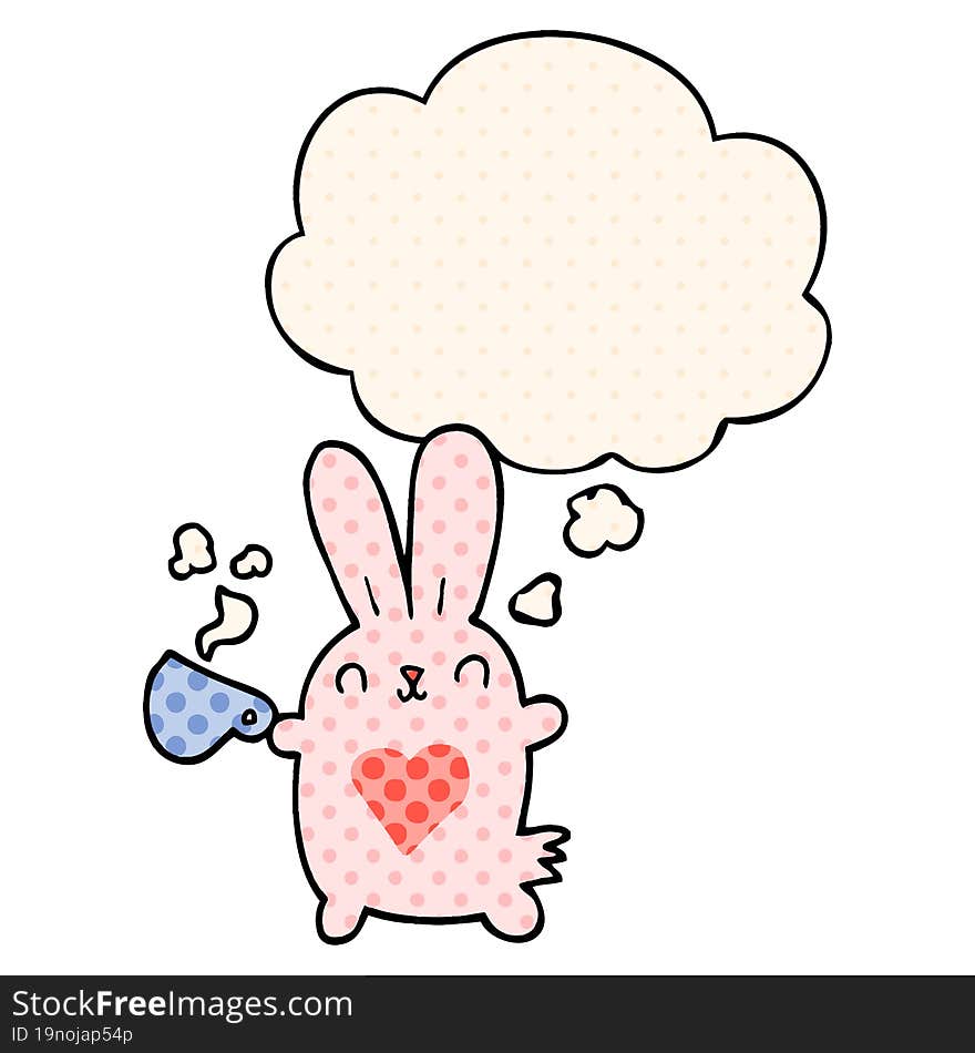 cute cartoon rabbit with love heart and coffee cup with thought bubble in comic book style