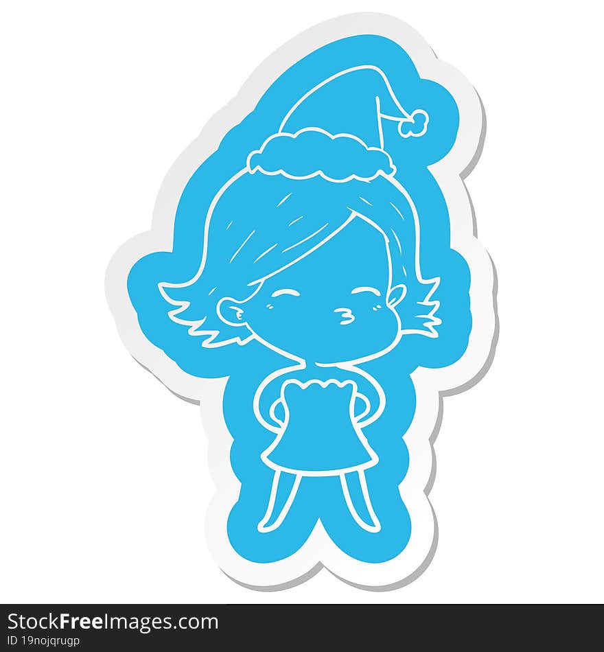 quirky cartoon  sticker of a woman wearing santa hat