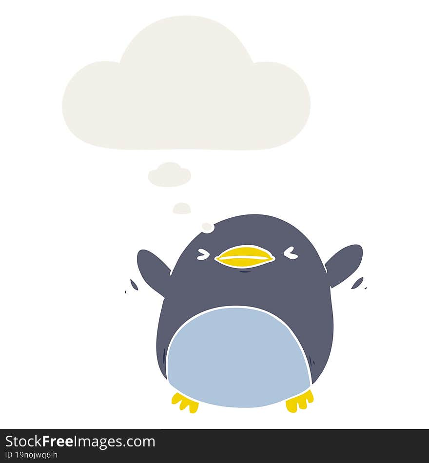 Cute Cartoon Flapping Penguin And Thought Bubble In Retro Style