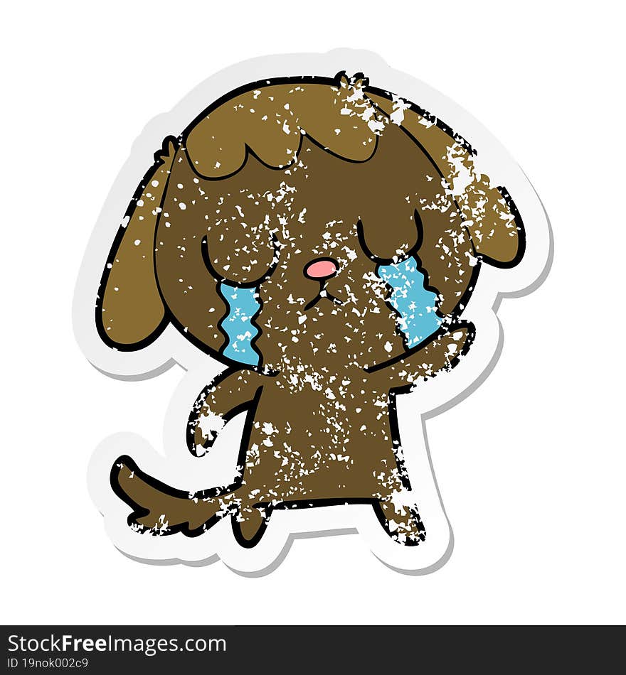 Distressed Sticker Of A Cute Cartoon Dog Crying