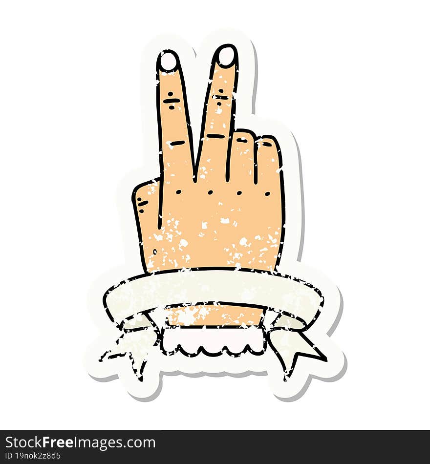 Retro Tattoo Style victory v hand gesture with banner. Retro Tattoo Style victory v hand gesture with banner