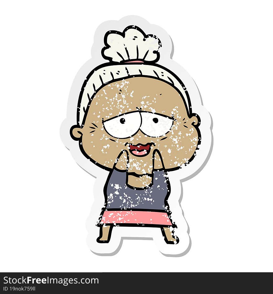 distressed sticker of a cartoon happy old lady