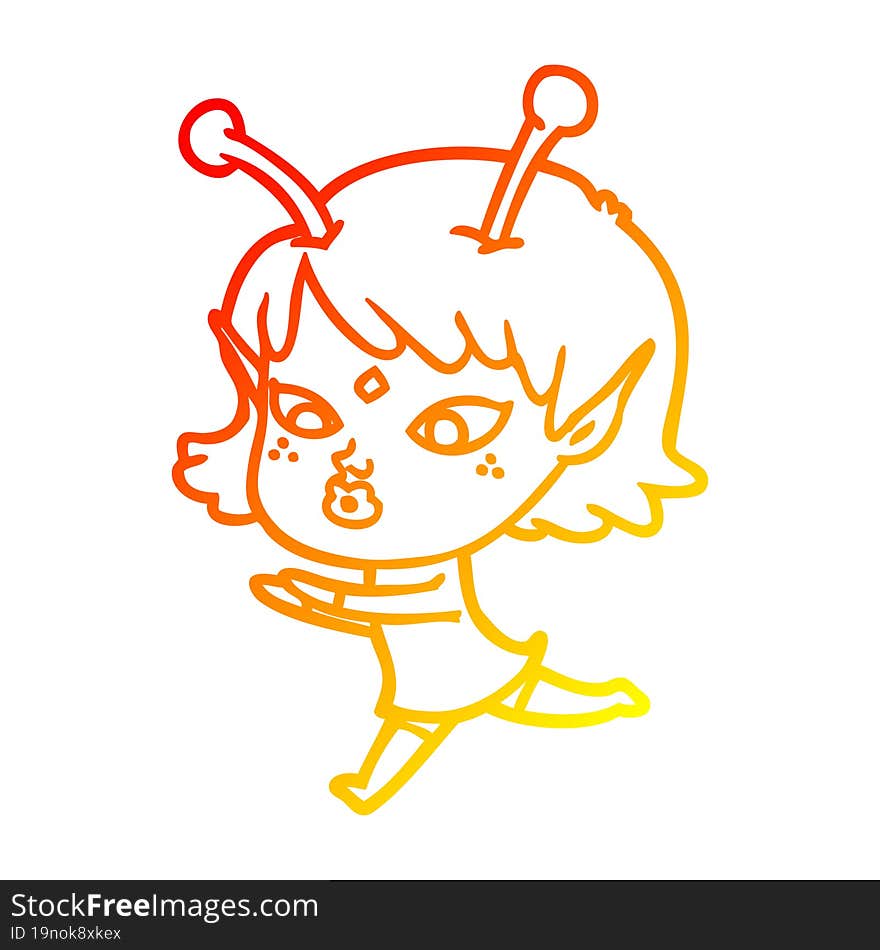 warm gradient line drawing pretty cartoon alien girl