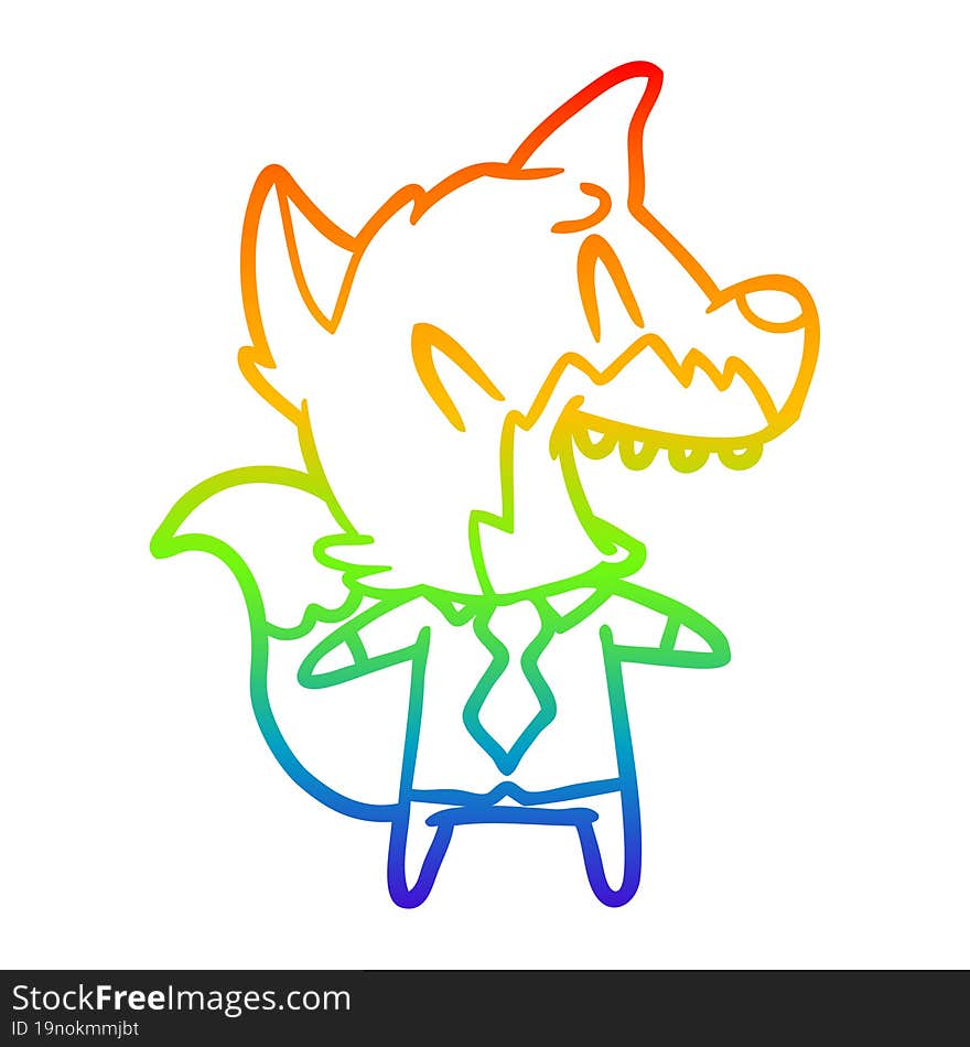 rainbow gradient line drawing of a laughing fox in shirt and tie