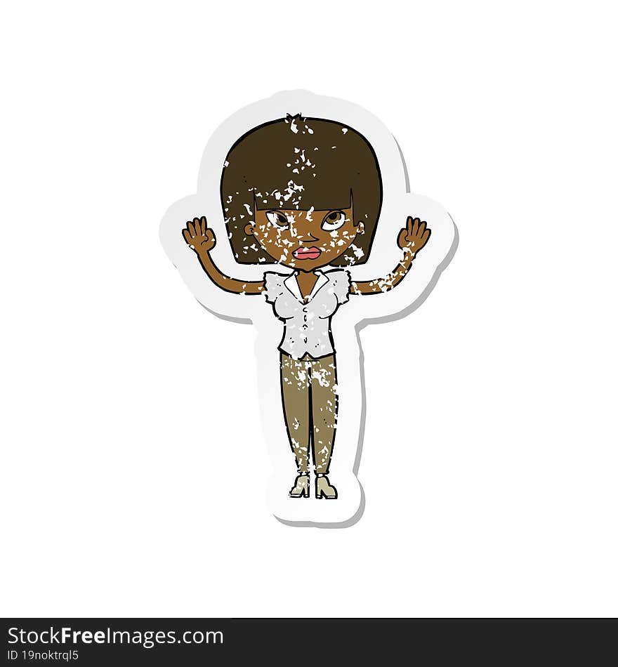 retro distressed sticker of a cartoon woman with raised hands