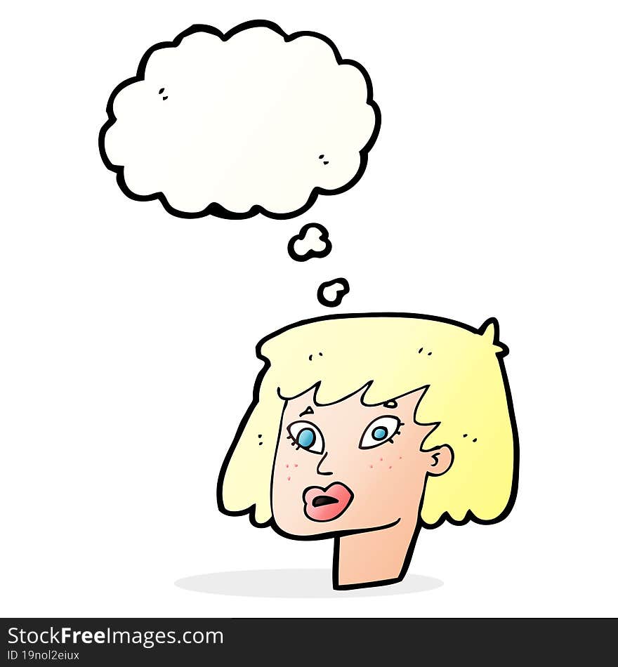 cartoon pretty female face with thought bubble