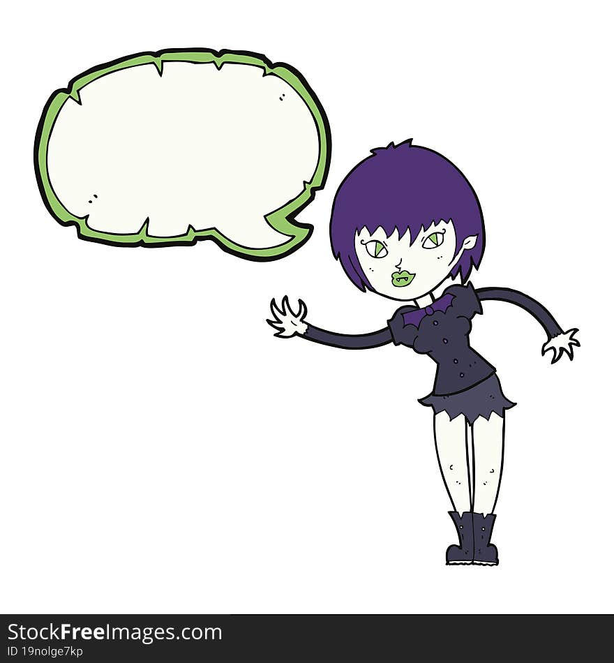 cartoon vampire girl welcoming with speech bubble