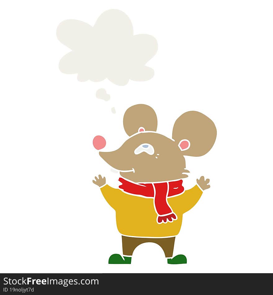 cartoon mouse wearing scarf with thought bubble in retro style