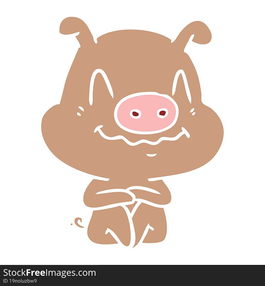 nervous flat color style cartoon pig sitting