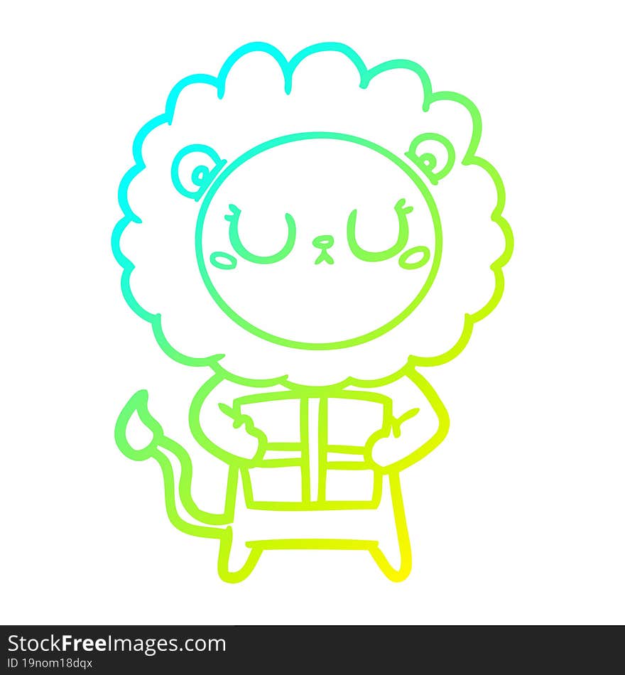 cold gradient line drawing cartoon lion with christmas present