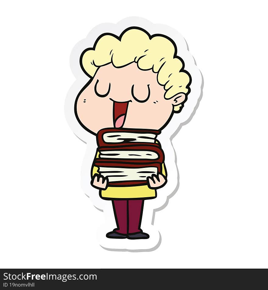 sticker of a laughing cartoon man with books