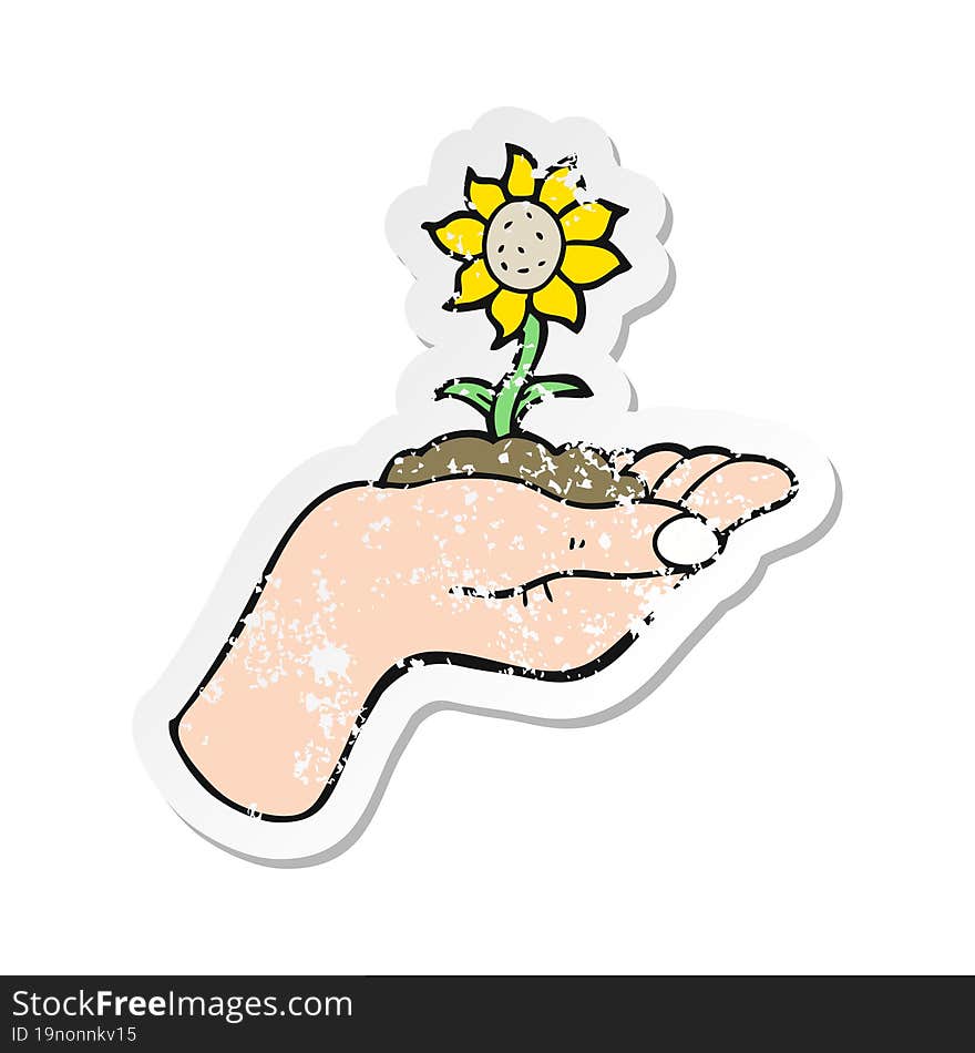 retro distressed sticker of a cartoon flower growing in palm of hand