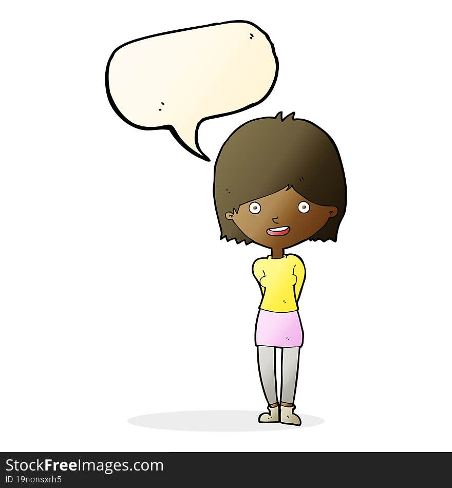 cartoon friendly woman with speech bubble