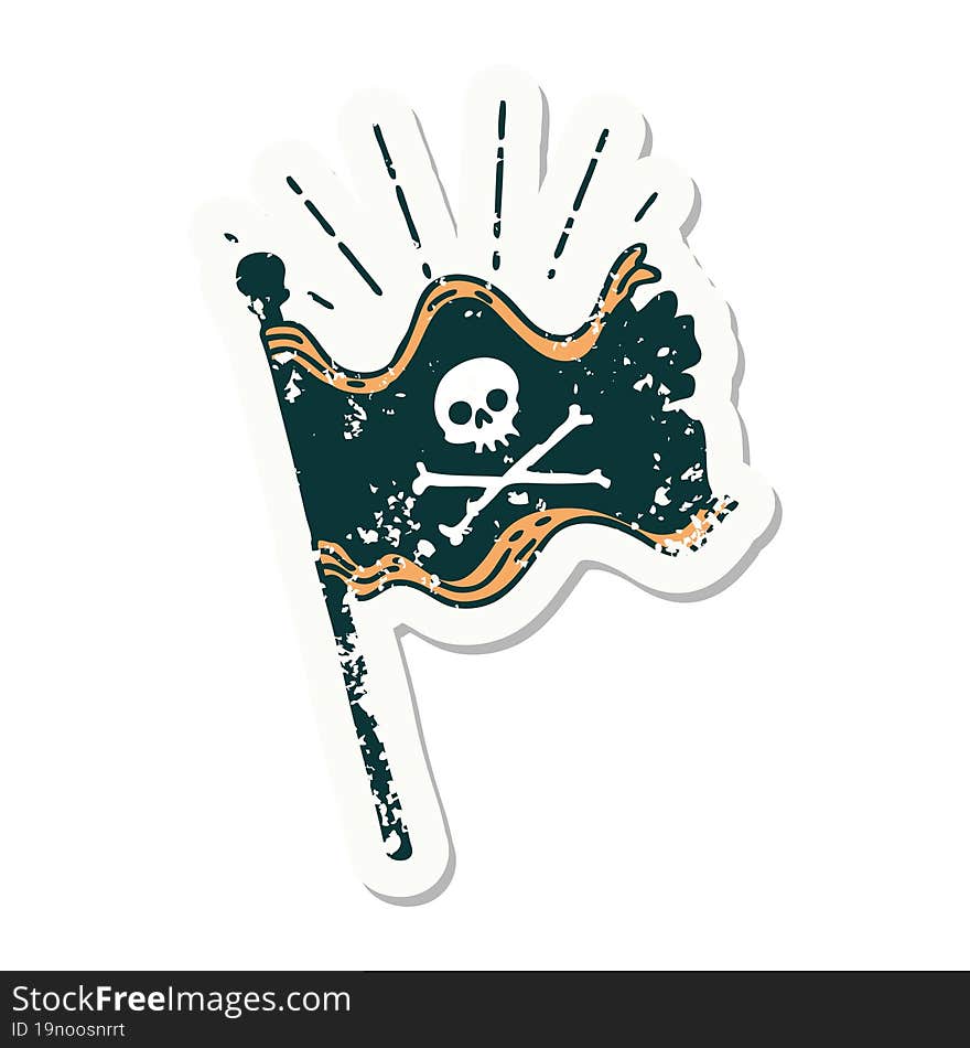 Grunge Sticker Of Tattoo Style Waving Pirate Flag