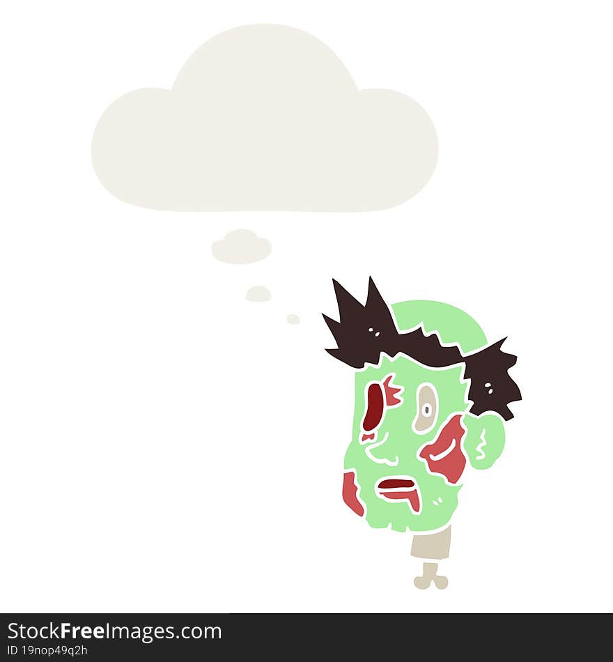 cartoon zombie head with thought bubble in retro style