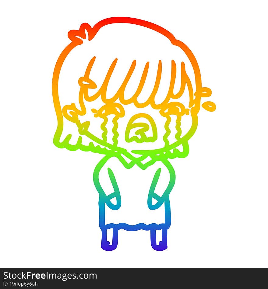 rainbow gradient line drawing of a cartoon girl crying