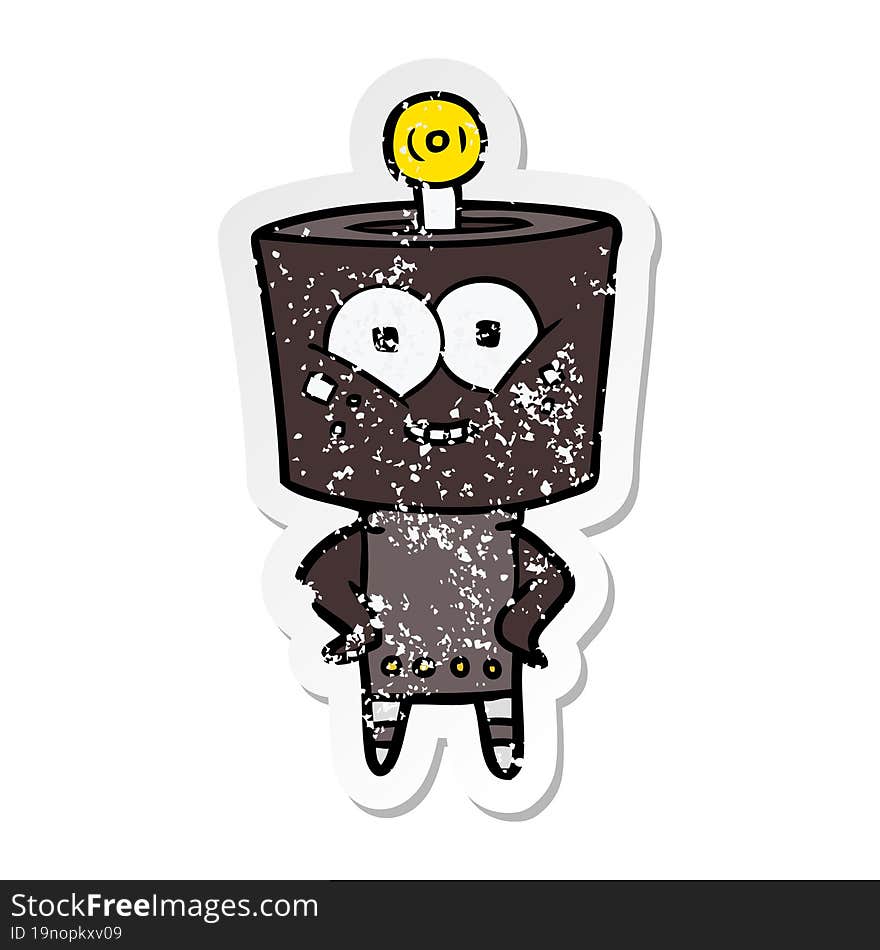 distressed sticker of a happy cartoon robot