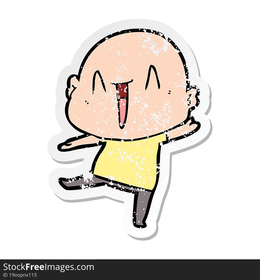 distressed sticker of a happy cartoon bald man