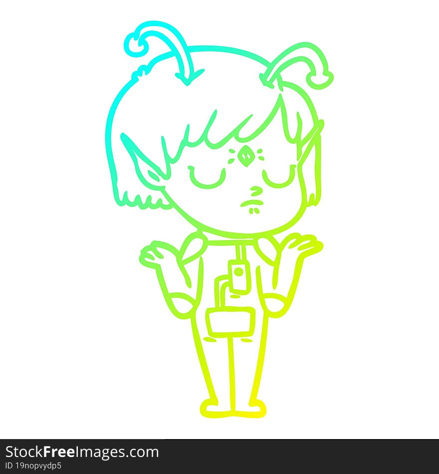 cold gradient line drawing of a cartoon alien girl