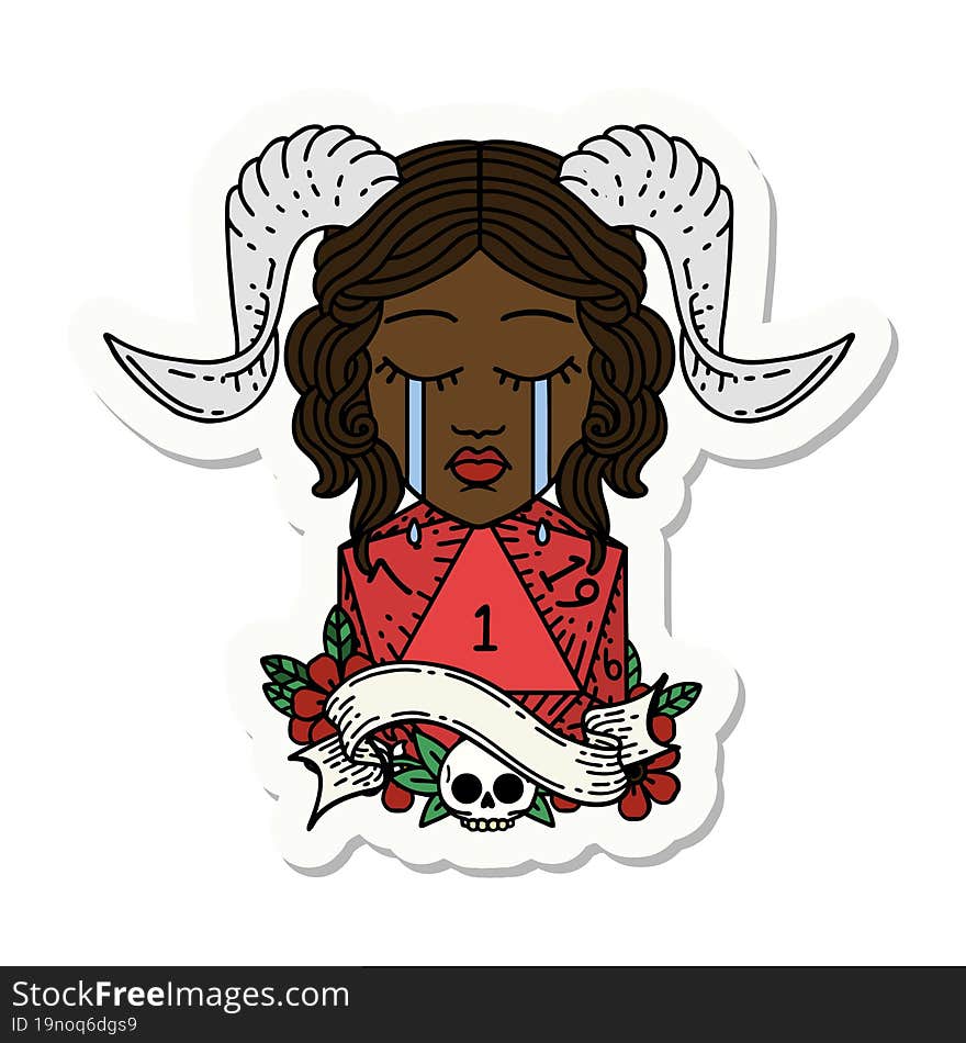 sticker of a crying tiefling with natural one D20 dice roll. sticker of a crying tiefling with natural one D20 dice roll