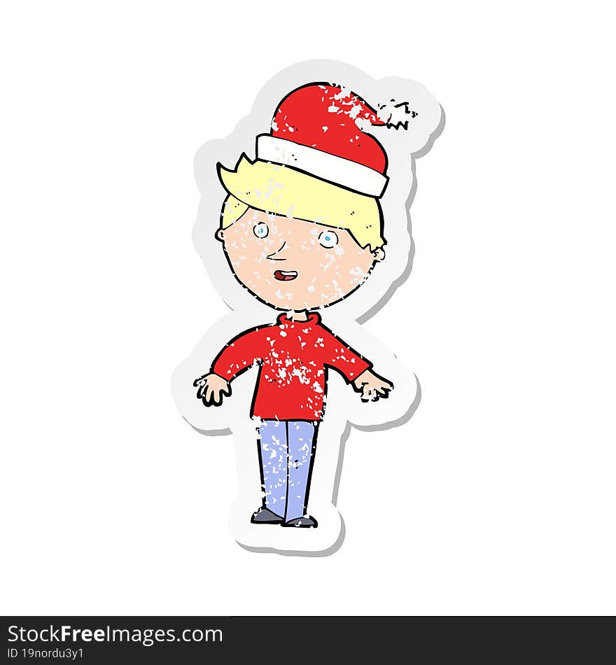 Retro Distressed Sticker Of A Cartoon Boy In Santa Hat