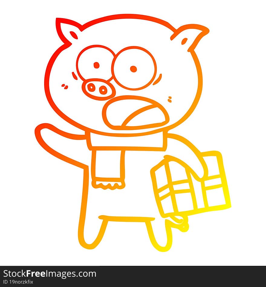 warm gradient line drawing cartoon pig with christmas present