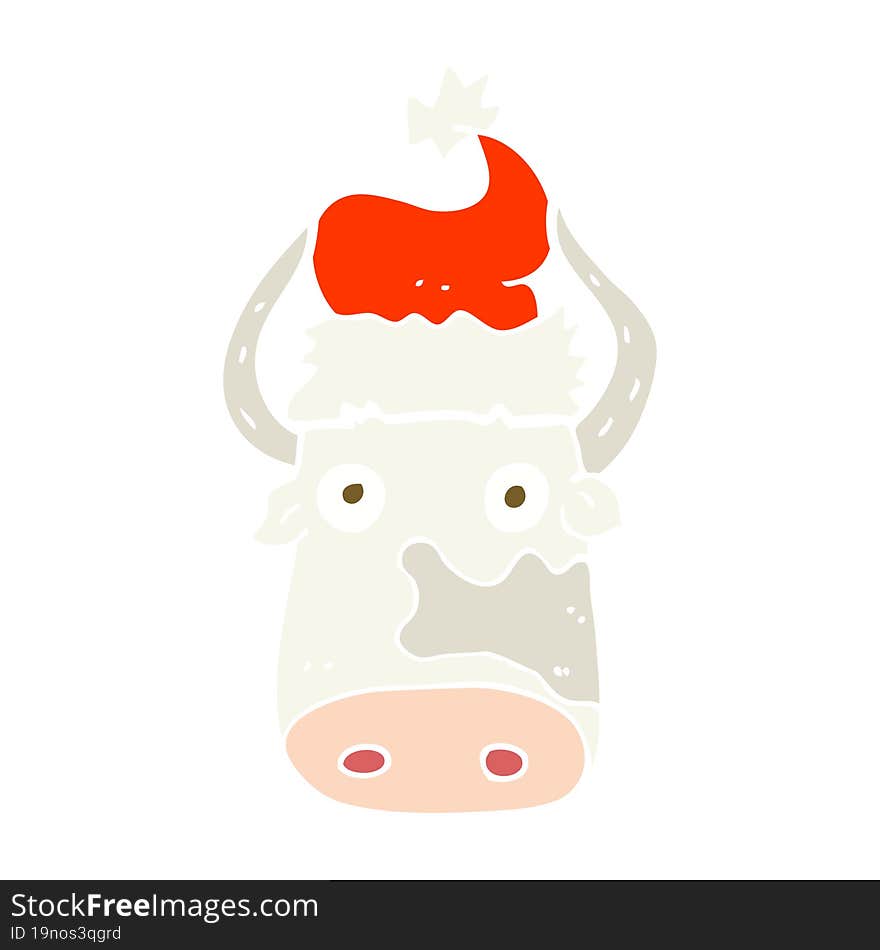 flat color illustration of a cartoon cow wearing christmas hat