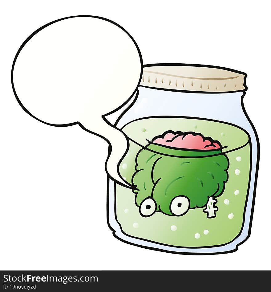 cartoon spooky brain floating in jar and speech bubble in smooth gradient style