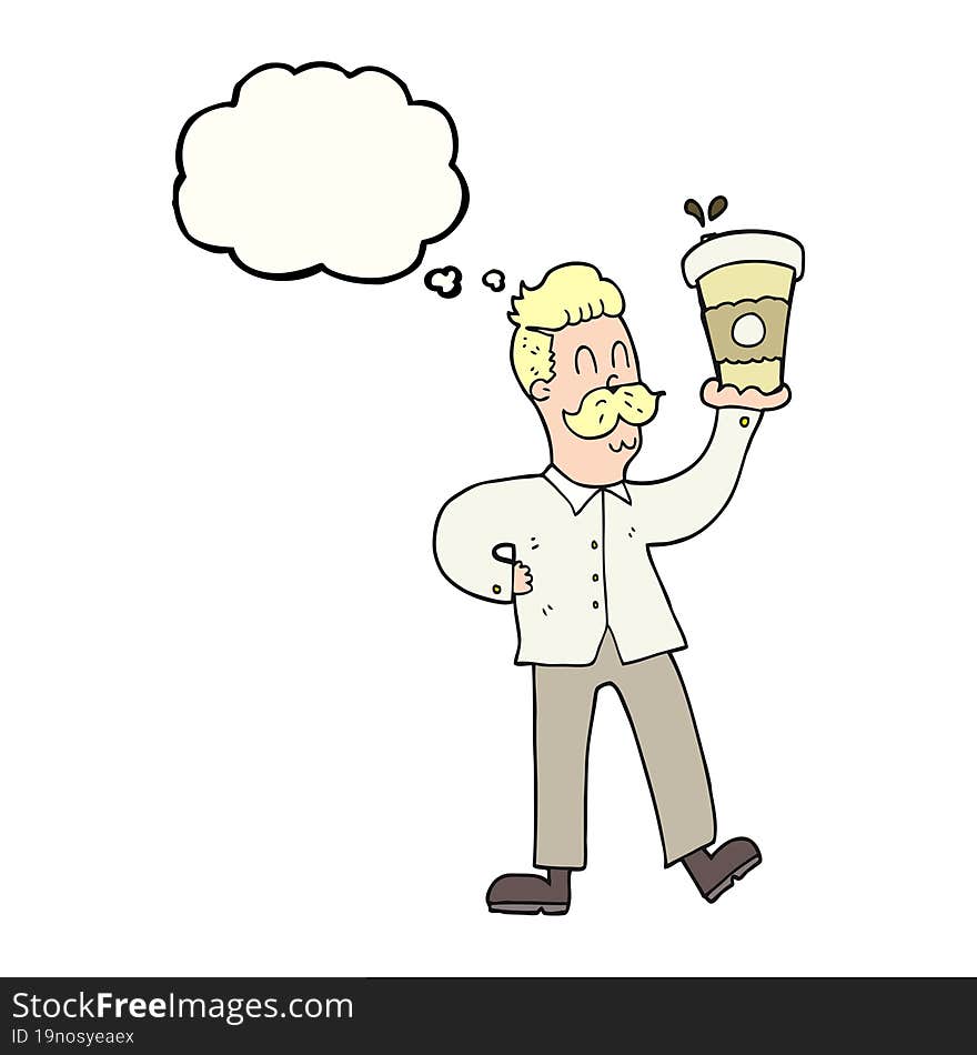 freehand drawn thought bubble cartoon man with coffee cups