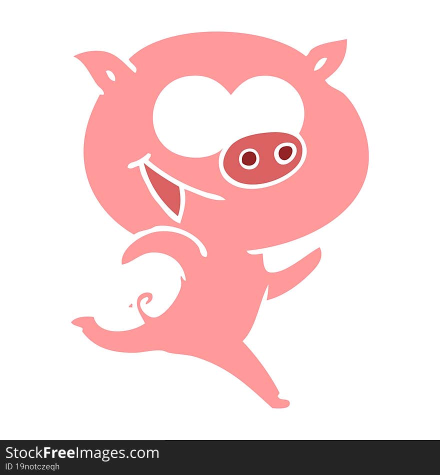 cheerful running pig flat color style cartoon