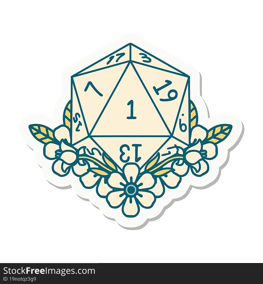 sticker of a natural one dice roll with floral elements. sticker of a natural one dice roll with floral elements