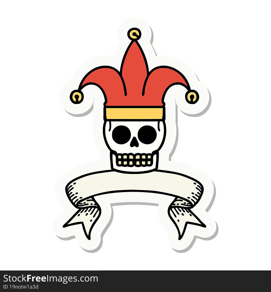 tattoo sticker with banner of a skull jester