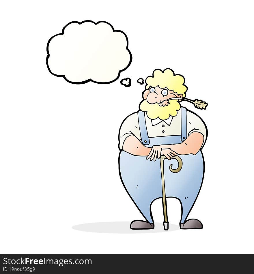 cartoon farmer leaning on walking stick with thought bubble