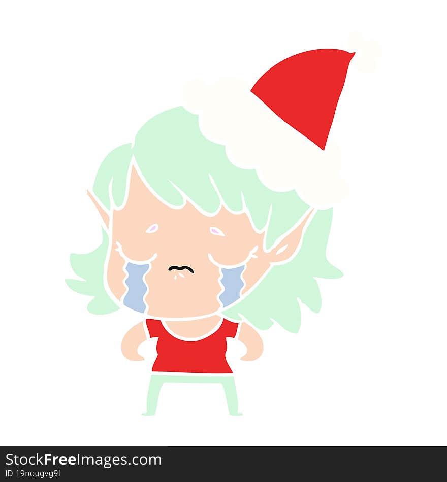 Flat Color Illustration Of A Crying Elf Girl Wearing Santa Hat