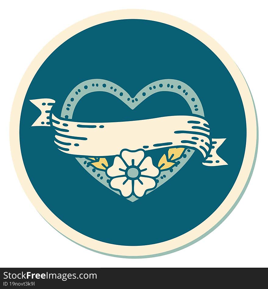 Tattoo Style Sticker Of A Heart And Banner With Flowers