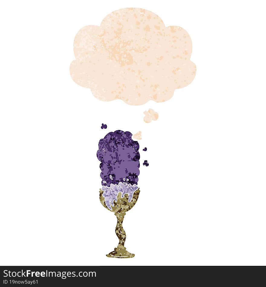 cartoon potion goblet and thought bubble in retro textured style