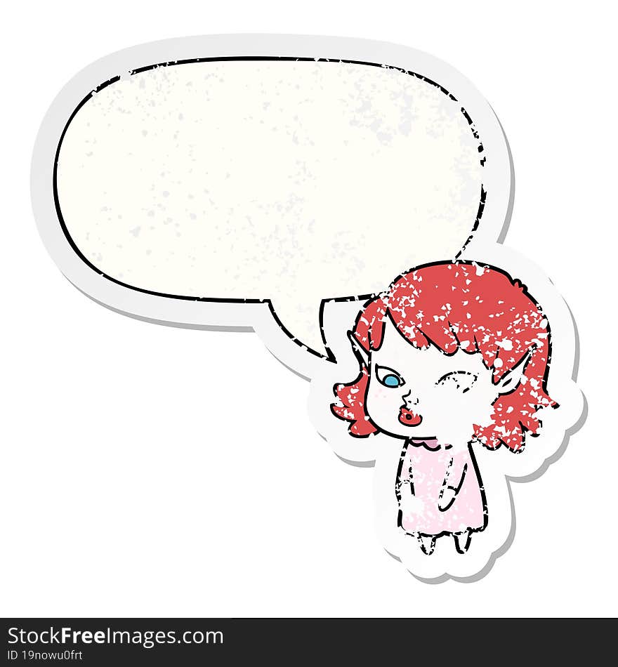 Cartoon Elf Girl And Pointy Ears And Speech Bubble Distressed Sticker