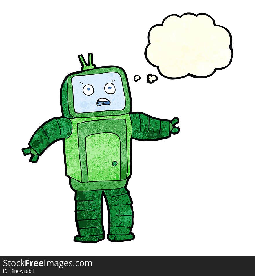 cartoon funny robot with thought bubble