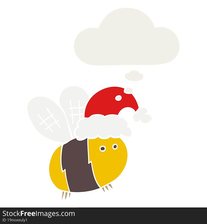 cute cartoon bee wearing christmas hat with thought bubble in retro style