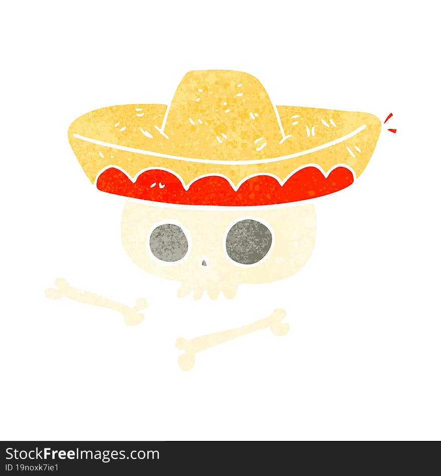 freehand retro cartoon skull in mexican hat